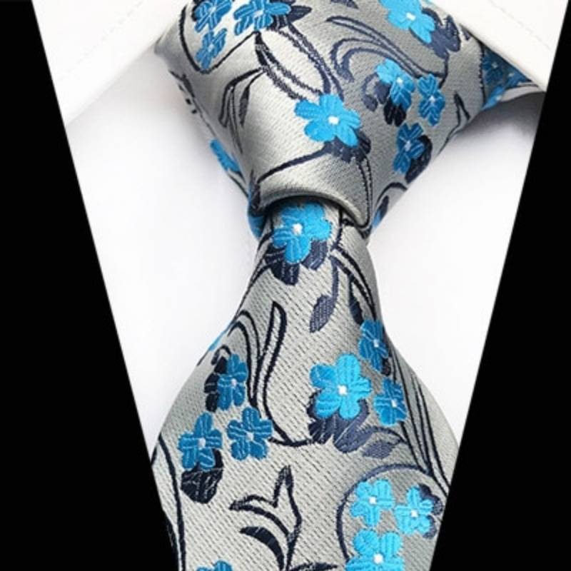 Zilveren stropdas met blauwe bloemen