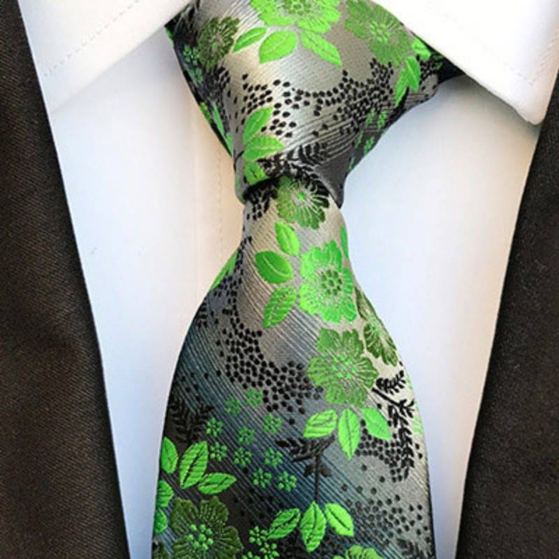 Zilveren stropdas met groene bloemen
