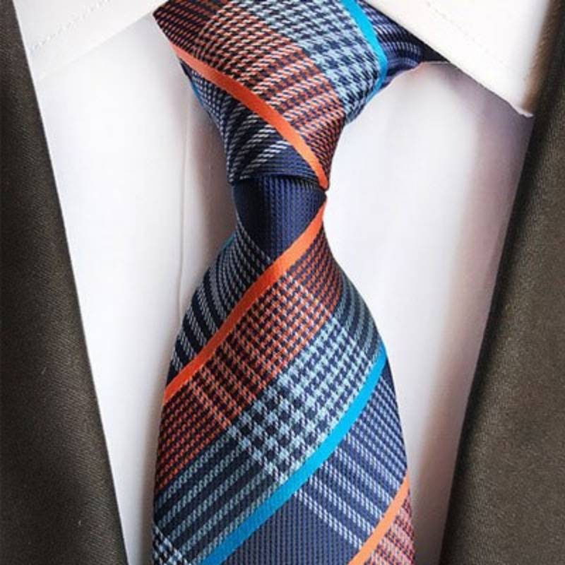 Blauwe stropdas met witte en oranje strepen