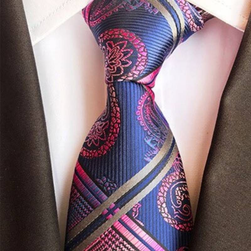 Blauwe en roze stropdas met patroon en zilveren strepen