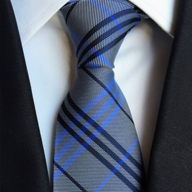Grijze stropdas met gekruiste blauwe strepen