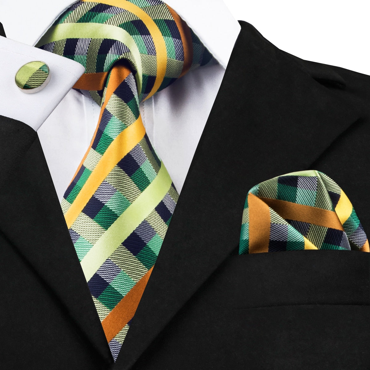 Gele, groene, grijze en blauwe geruite stropdas