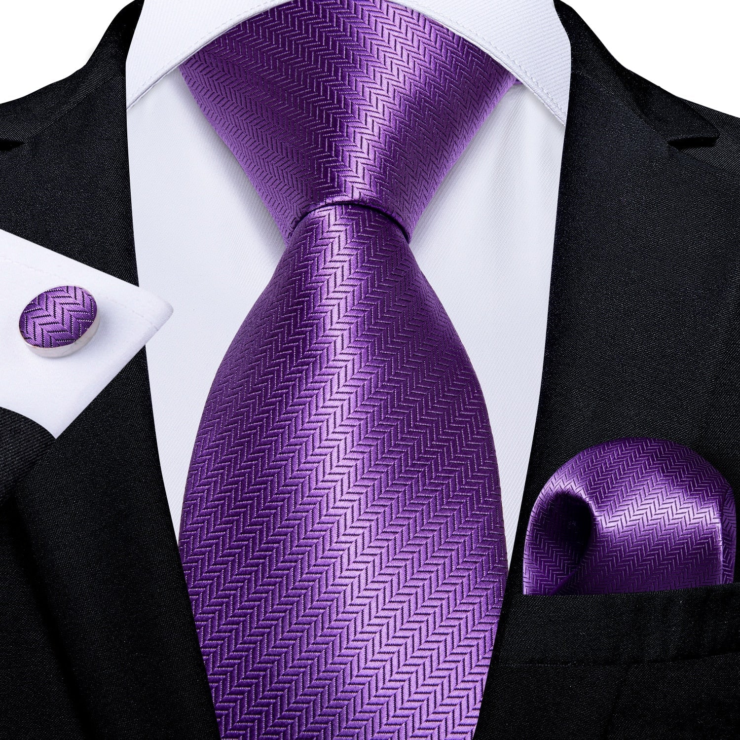 Paarse stropdas en pochet