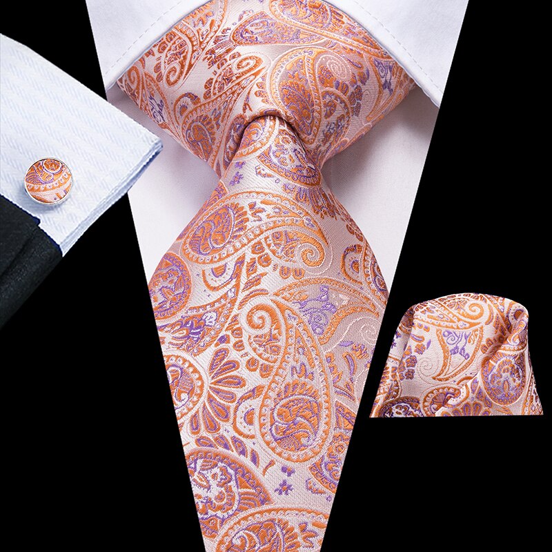 Beige stropdas met oranje en mauve patroon