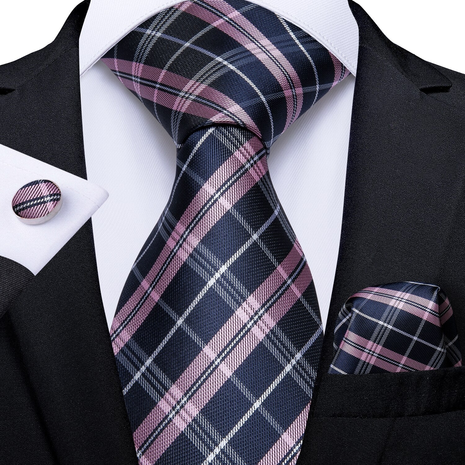 Grijze stropdas met roze en witte ruitjes