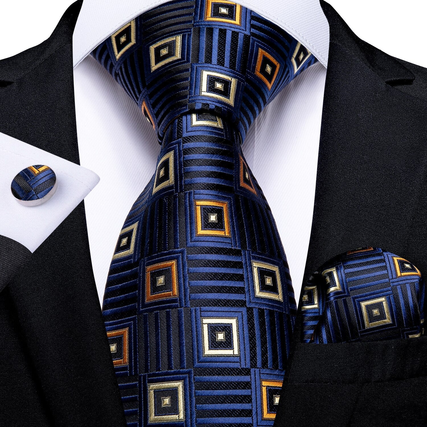Marineblauwe stropdas met oranje en witte ruiten