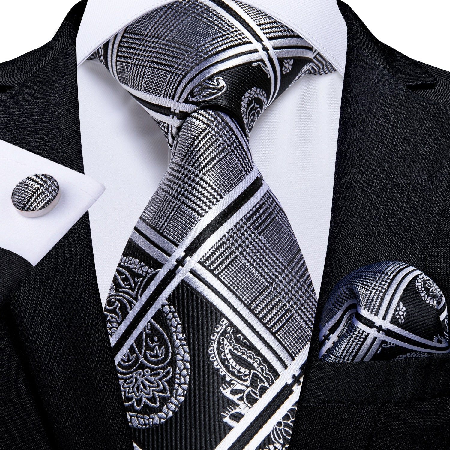 Geruite stropdas van grijs en zwart gestreept kasjmier